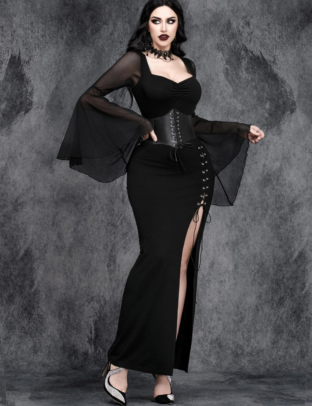 InGoticos Women Gothic Sexy Slit Flare Sleeve Patchwork Party Dress Black