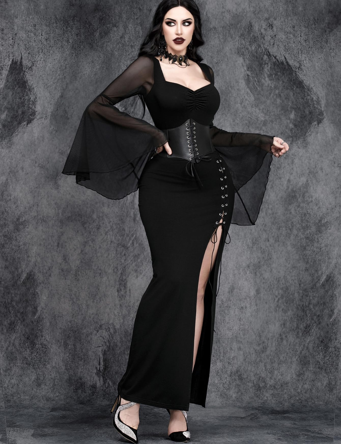 InGoticos Women Gothic Sexy Slit Flare Sleeve Patchwork Party Dress Black