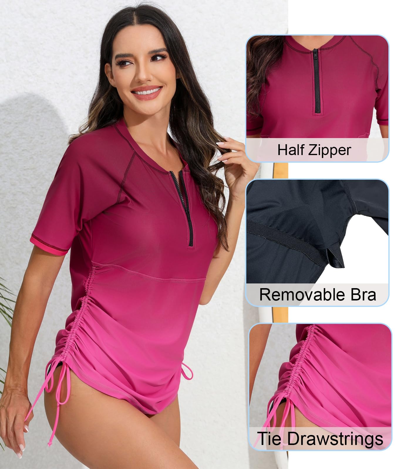 Halcurt Women's Short Sleeve Rash Guard Swim Shirt with Bra Half Zip Tie Drawstring UPF50+ Swimsuit Top Ombre Red Pink 2XL