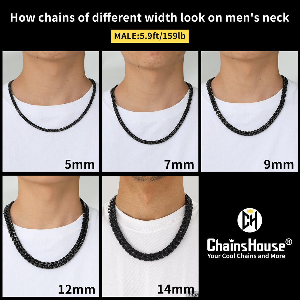 Mens Cuban Link Chain, Black Miami Cuban Chain Necklace for Men, 9mm Wide Hip Hop Mens Jewelry, 22"