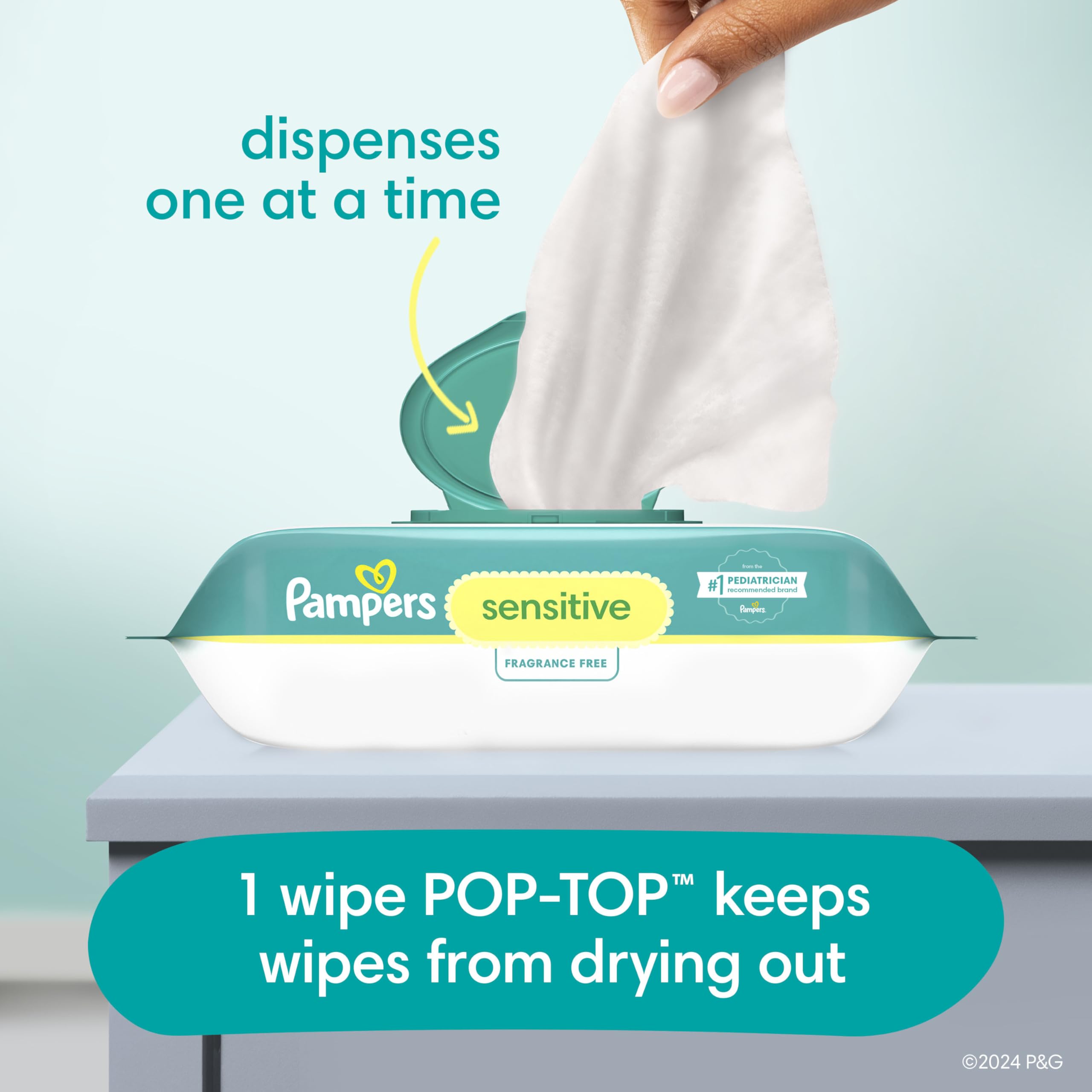 Pampers Baby Wipes Sensitive, Water Based Hypoallergenic and Unscented 504 Total (6 Flip-Top Packs)