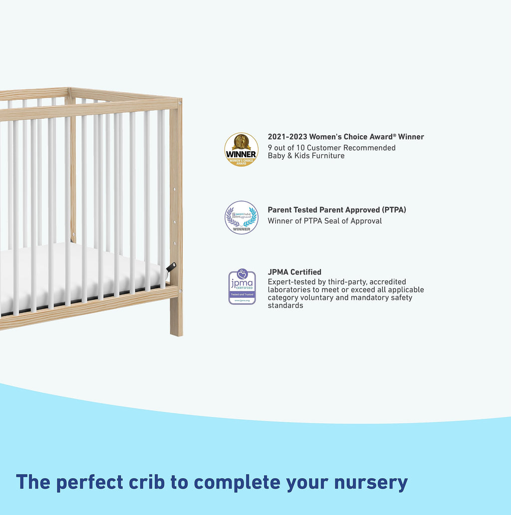 Graco Teddi 4-in-1 Convertible Mini Crib with Bonus Water-Resistant Mattress (Natural with White) – GREENGUARD Gold Certified, 2.75-Inch Mattress Included, Convenient Size, Easy 30-Minute Assembly