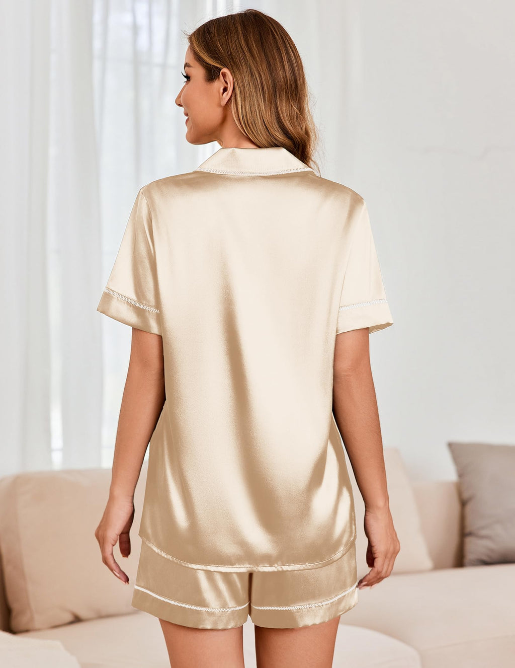 Ekouaer Womens Satin Silk Pajamas Set Short Sleeve Sleepwear Button Down Top and Shorts Loungewear 2 Piece Pjs Set Champagne X-Large