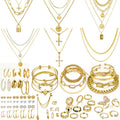 CONGYING 65 Pcs Gold Jewelry Set with 6Pcs Layered Necklace, 11 Pcs anklet and 7Pcs Earring Ear Cuff,11Hoop Earrings,15pcs Rings,15pcs stud earrings Jewerly set for Women Gift