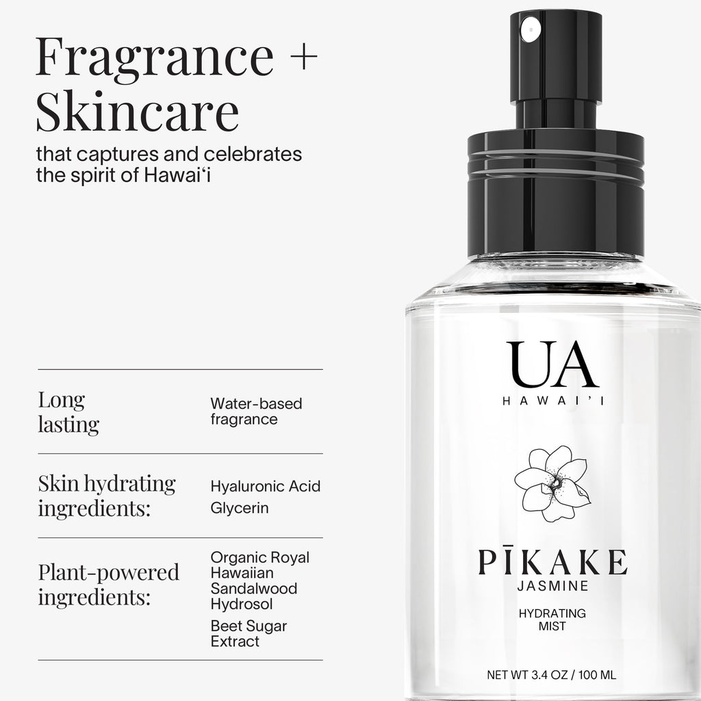 Pikake Body and Hair Mist from Hawaii, Hair Perfume for a Light, Hydrating Refresh, Body Mist for Women and Men, Alcohol-Free, With Moisturizing Hyaluronic Acid & Glycerin, Glass Bottle, 3.4 oz