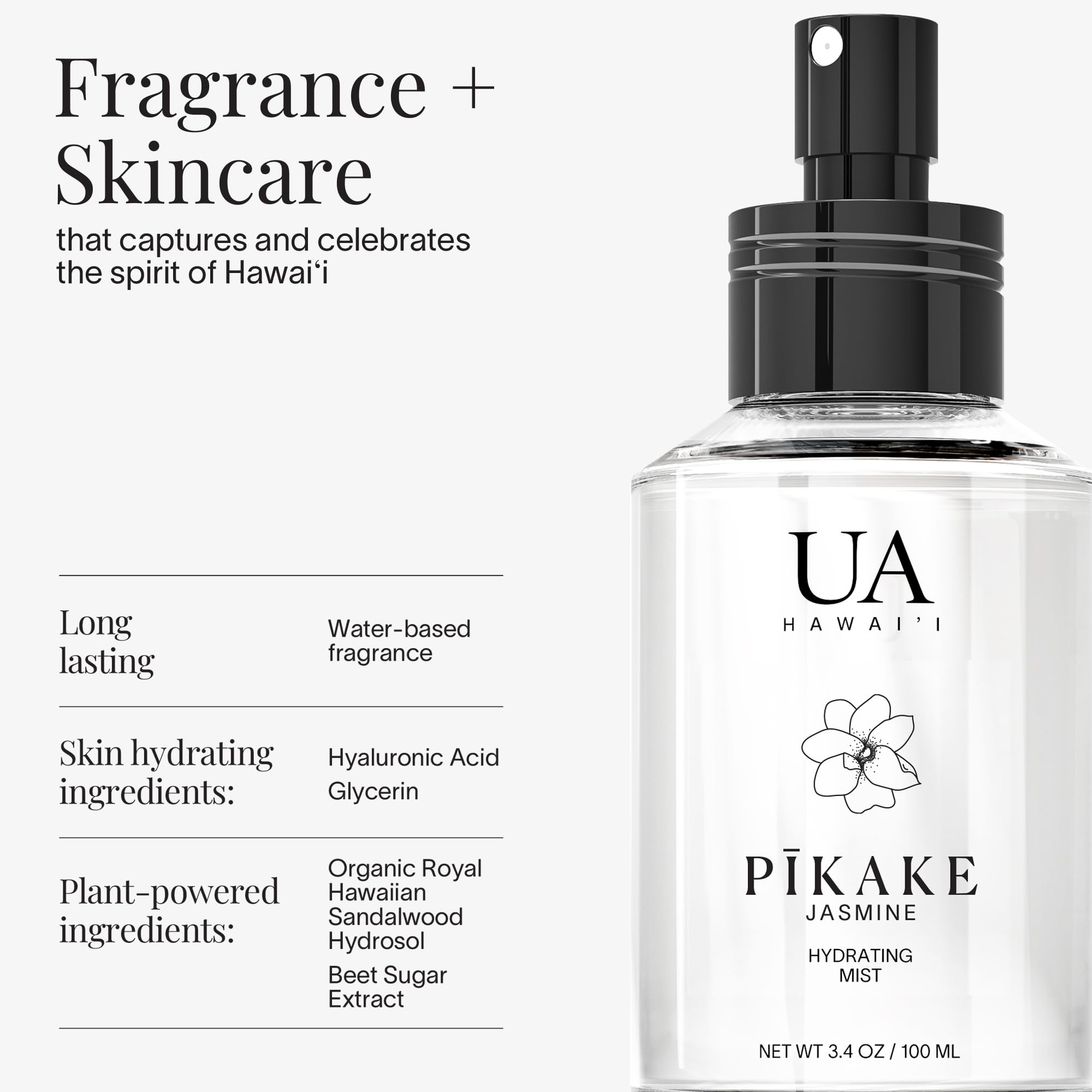 Pikake Body and Hair Mist from Hawaii, Hair Perfume for a Light, Hydrating Refresh, Body Mist for Women and Men, Alcohol-Free, With Moisturizing Hyaluronic Acid & Glycerin, Glass Bottle, 3.4 oz