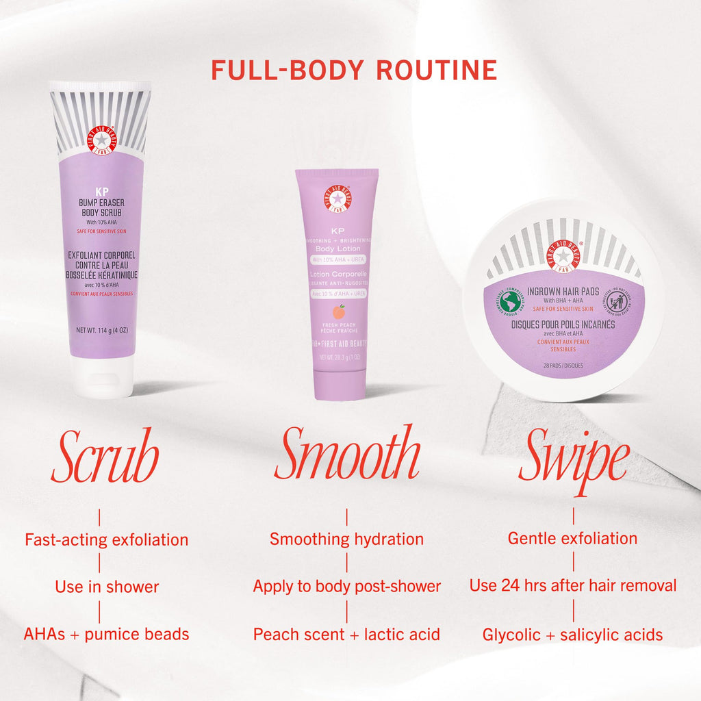 First Aid Beauty - Soft & Smooth Starter Kit, KP Bump Eraser Body Scrub with 10% AHA, 114 g, KP Smoothing Body Lotion with 10% AHA (Fresh Peach), 189.9 g, & Ingrown Hair Pads with BHA + AHA, 28 ct