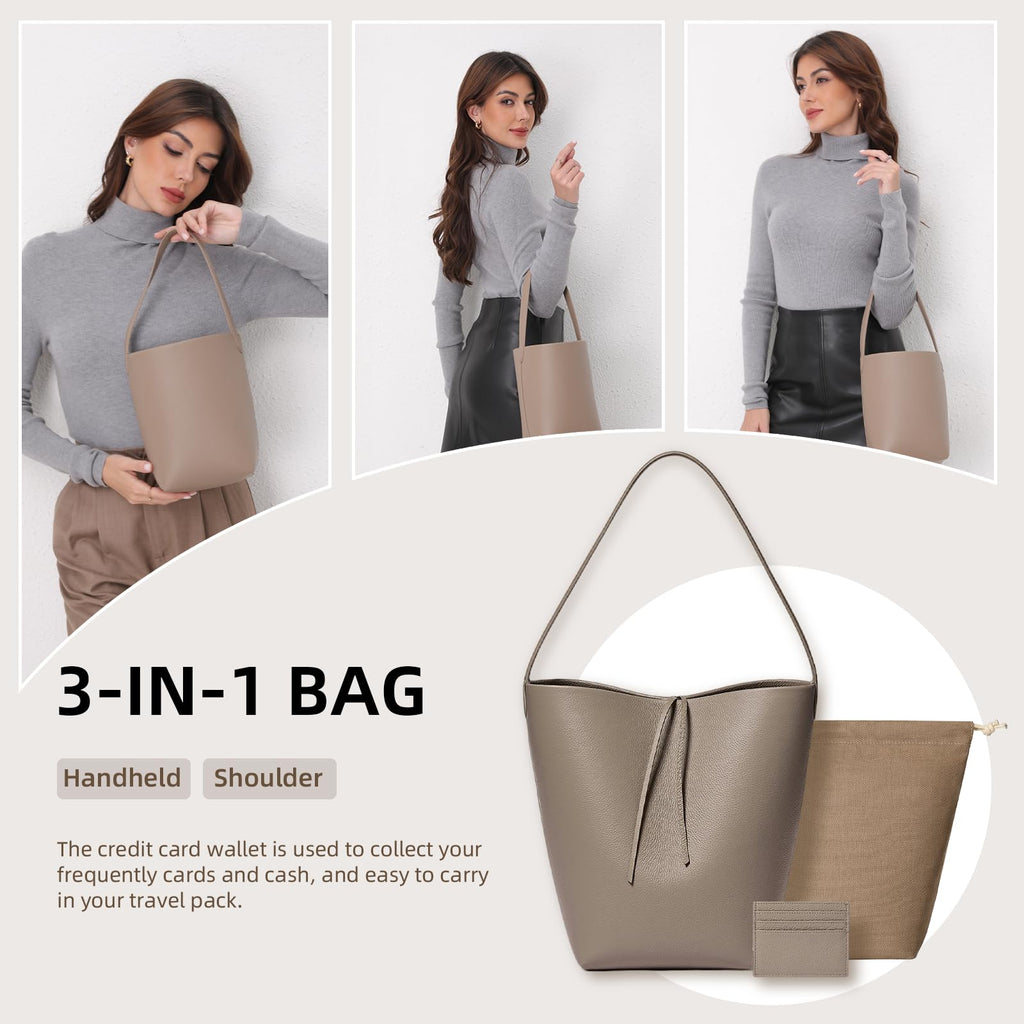 Genuine Leather Bucket Bag with Credit Card Holder Wallet, First Layer Pebble-grained Calfskin Tote Bag, Leather Handbag with Cotton Insert Pocket (Gray, Medium)