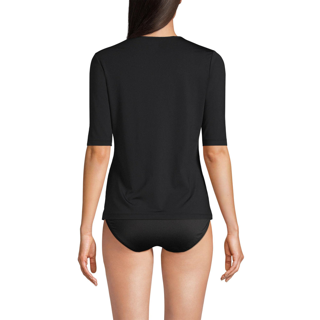 Lands' End Women's Sunshade UPF 50 Elbow Sleeve Rash Guard Swim Tee Black Petite XXS