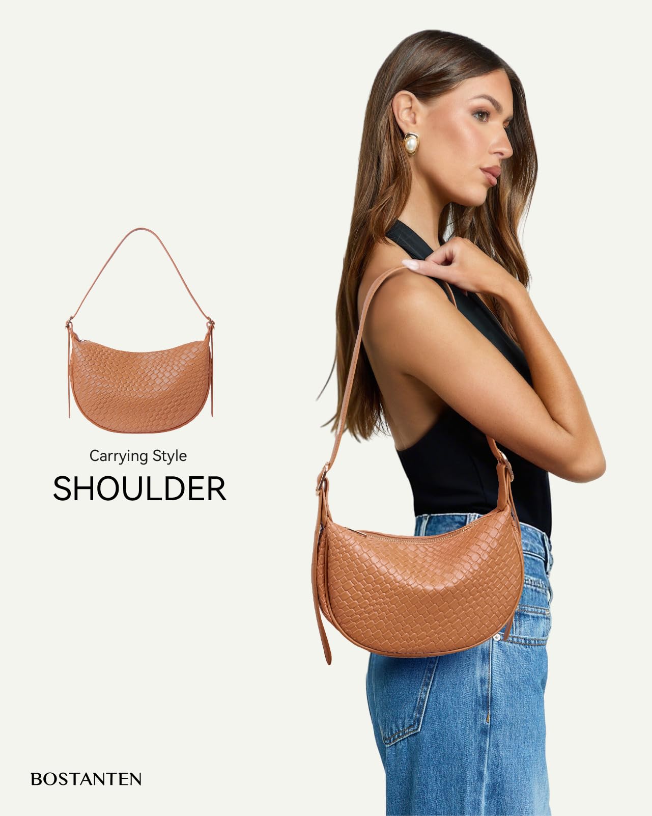 BOSTANTEN Purses for Women Crescent Crossbody Bag Vegan Leather Shoulder Hobo Handbag Adjustable Strap, Small Brown