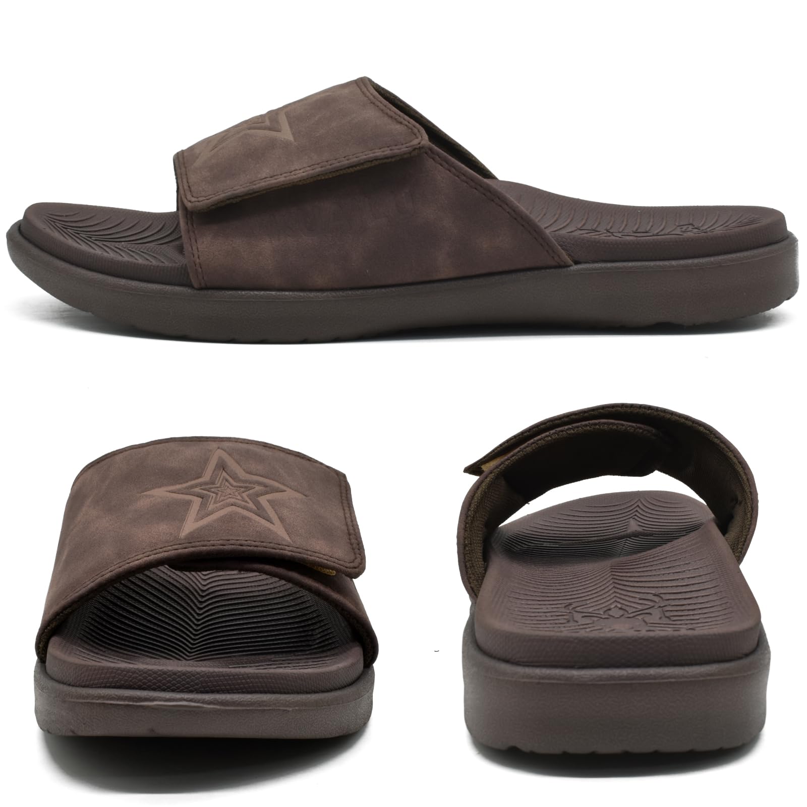 KuaiLu Mens Slides Soft Cushion Sport Sandals with Plantar Fasciitis Arch Support Adjustable Open Toe Summer Slippers Slip on Indoor Outdoor Sandalias Para Hombres, Dark Brown Size 8