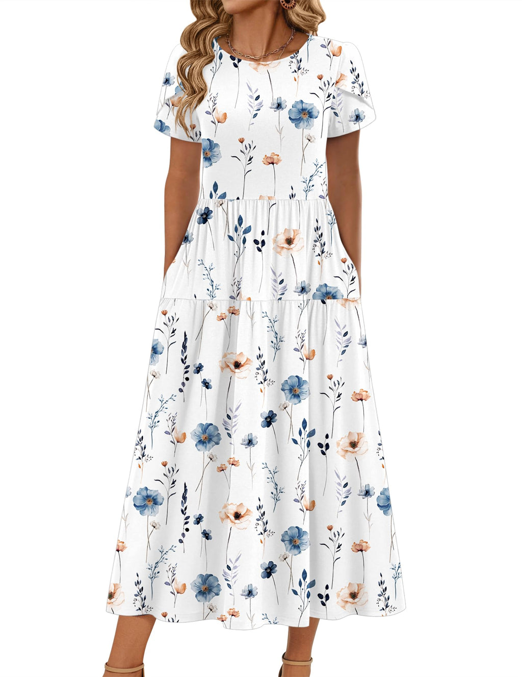Zeagoo Ladies Summer Dresses Short Sleeve Flowy Round Neck Bohemian Beach Dress White Floral S