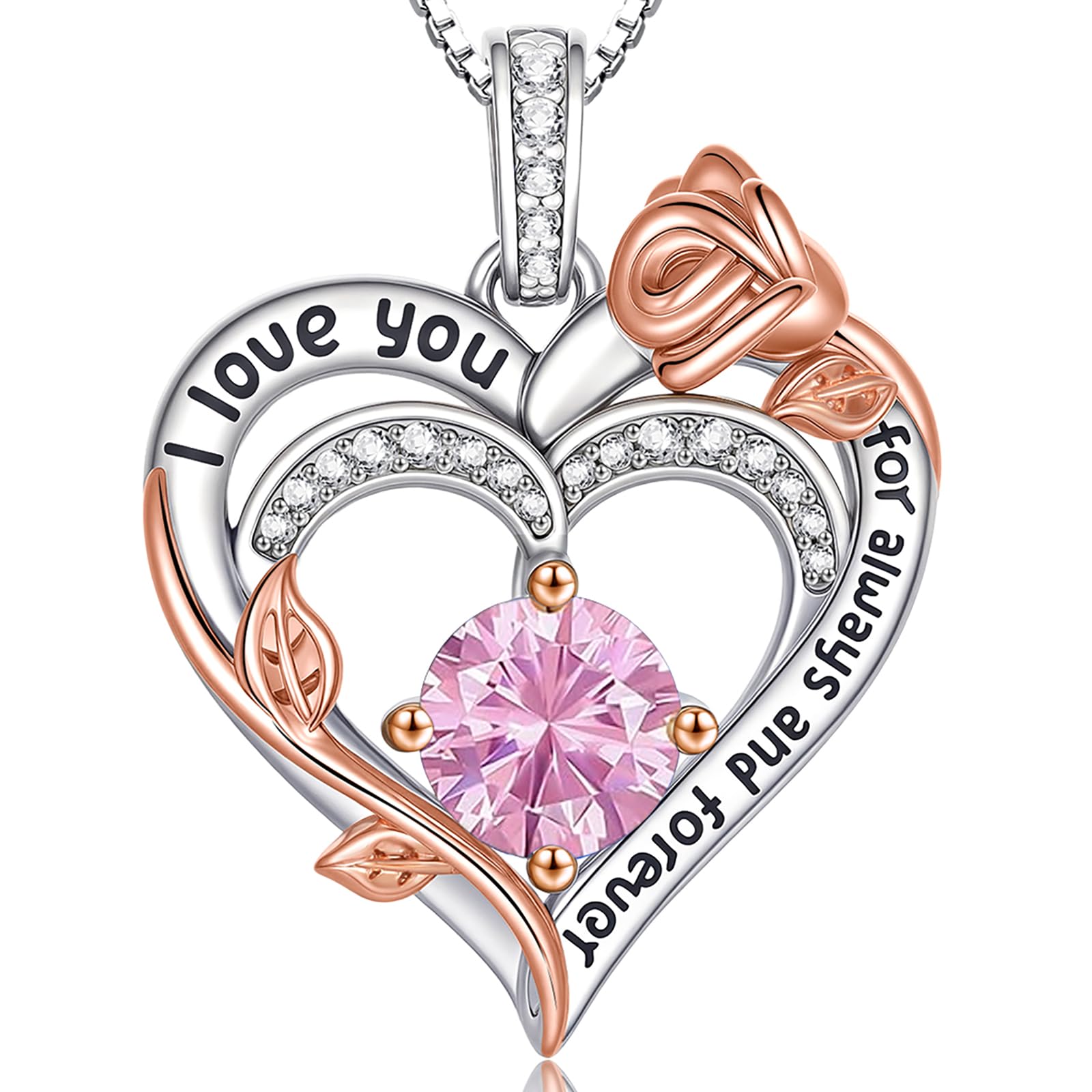 Rose Birthstone Heart Necklaces for Women S925 Sterling Silver I Love You Jewelry Gift for Women Birthday Wedding Anniversary, Mother’s Day Gifts for Mom, Mother, Wife, Girlfriend with Birthstone Pendent Necklace (10-White Gold-Oct)