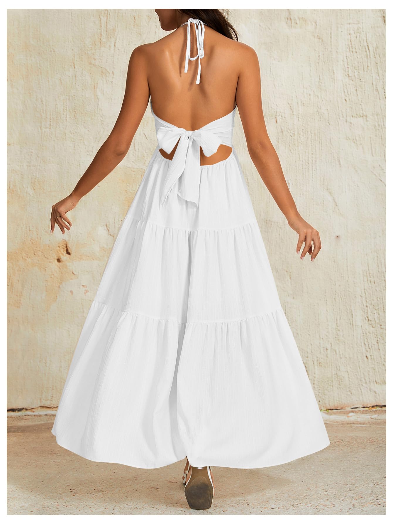 OYOANGLE Women's Summer Beach Sundress Formal Wedding Guest Dress Backless Flowy Vacation Boho Maxi Dresses White Small