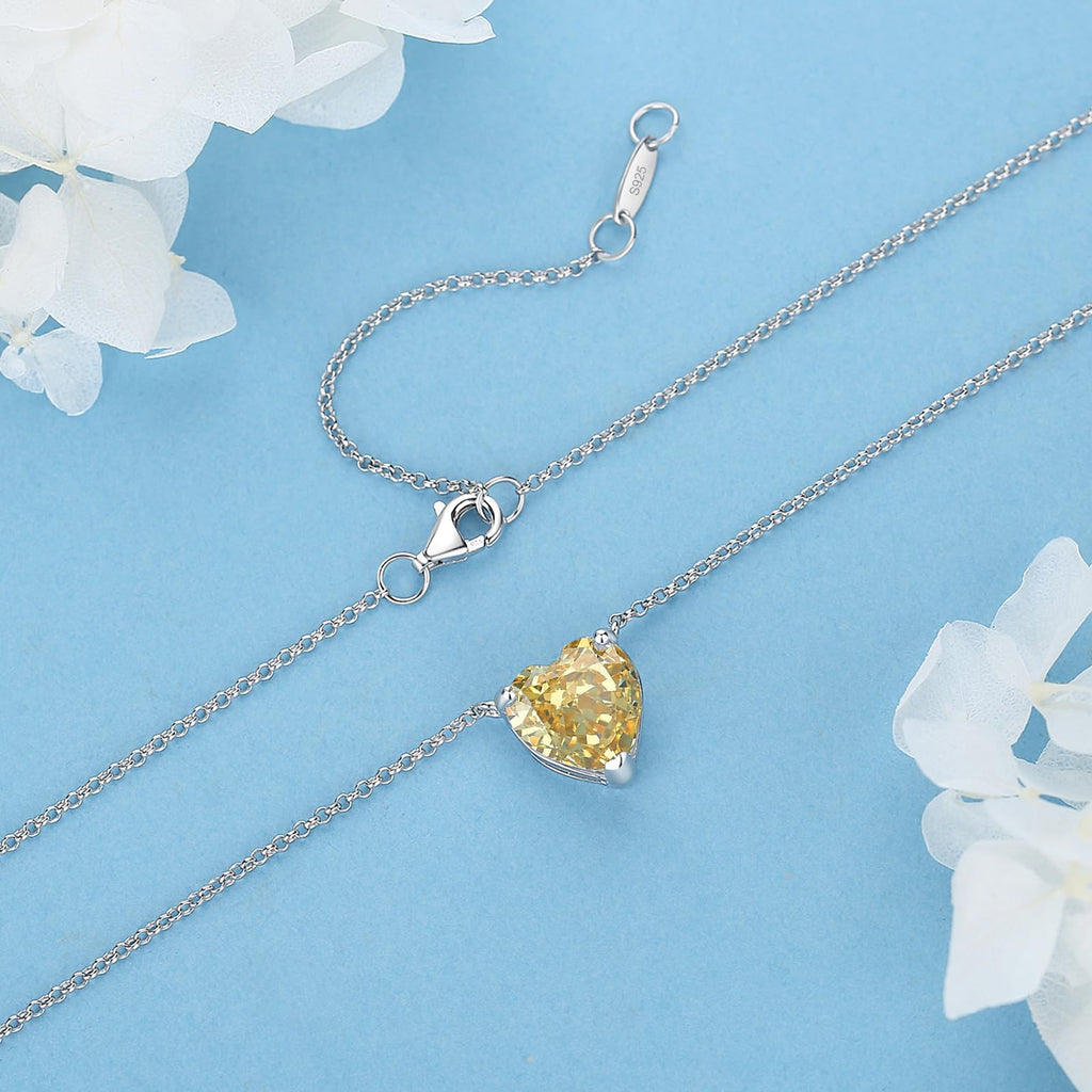 ALQDLI Sterling Silver Heart Diamond Necklaces for Women,7Ct Heart Cut 12x12MM Simulated Yellow Diamond 5A Cubic Zirconia Pendant 16"+2" Perfect Jewelry Gifts for Christmas Birthday Mothers Day