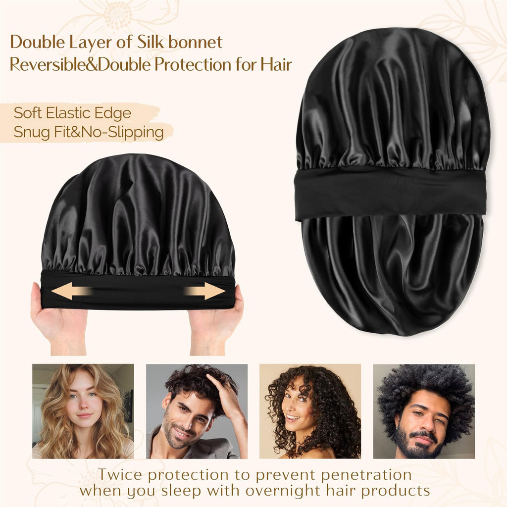 YANIBEST Silk Bonnet for Men Women Hair Bonnet for Sleeping Double Layer Satin Bonnets for Black Women Curly Hair Sleep Cap,Black