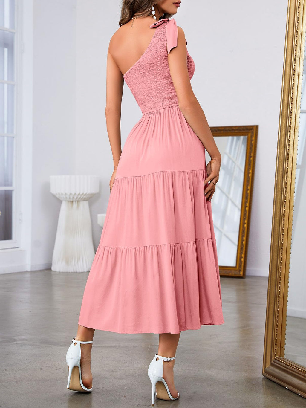 MEROKEETY Women's 2026 Summer Sleeveless Midi Dress One Shoulder Knot Smocked Split Formal Cocktail Wedding Guest Dresses, Lightpink, L