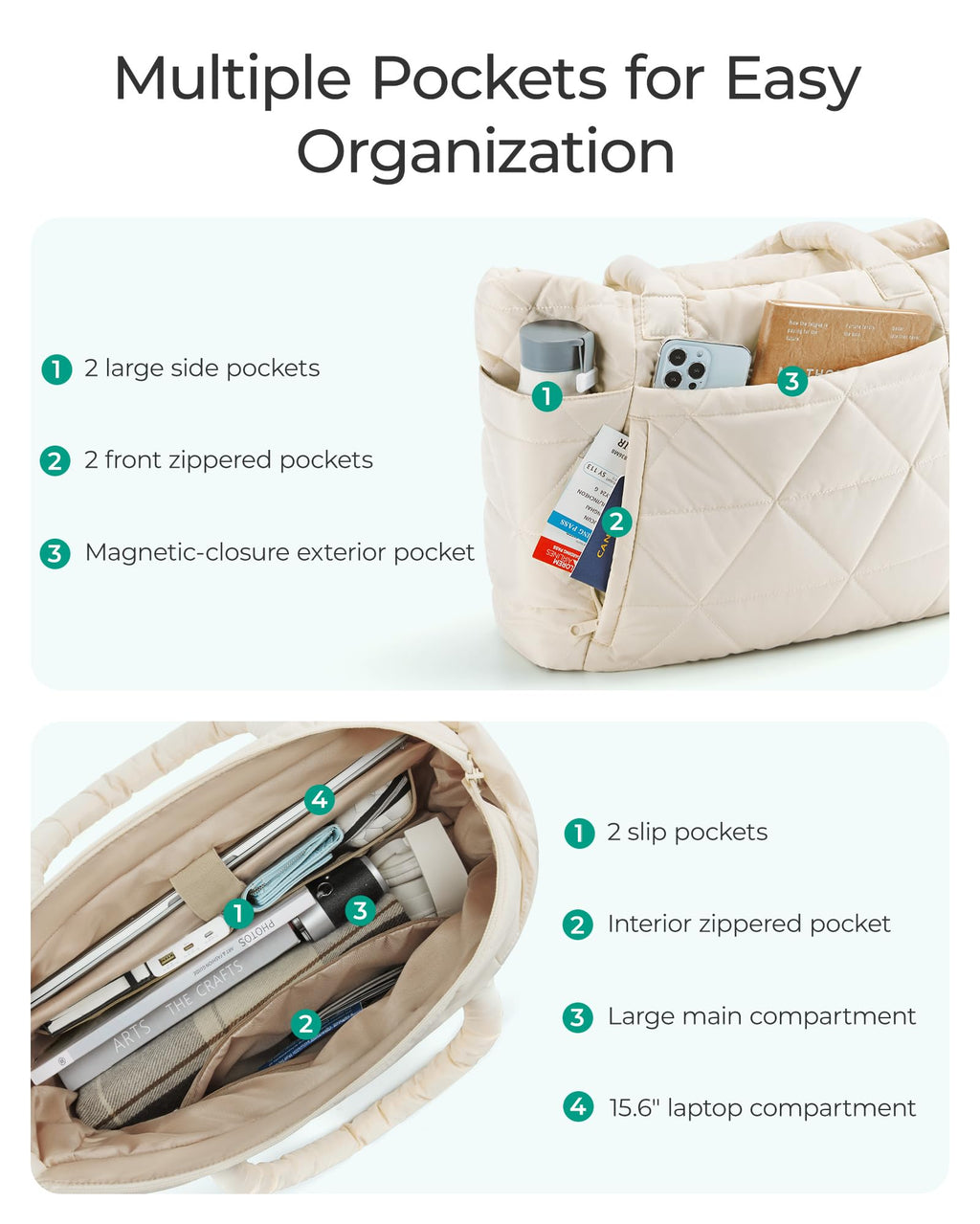 BAGSMART Tote Bag for Women, Puffy Tote Bag with Zipper, Large Quilted Shoulder Bag with Compartments for Travel, Work, Gym (Beige)