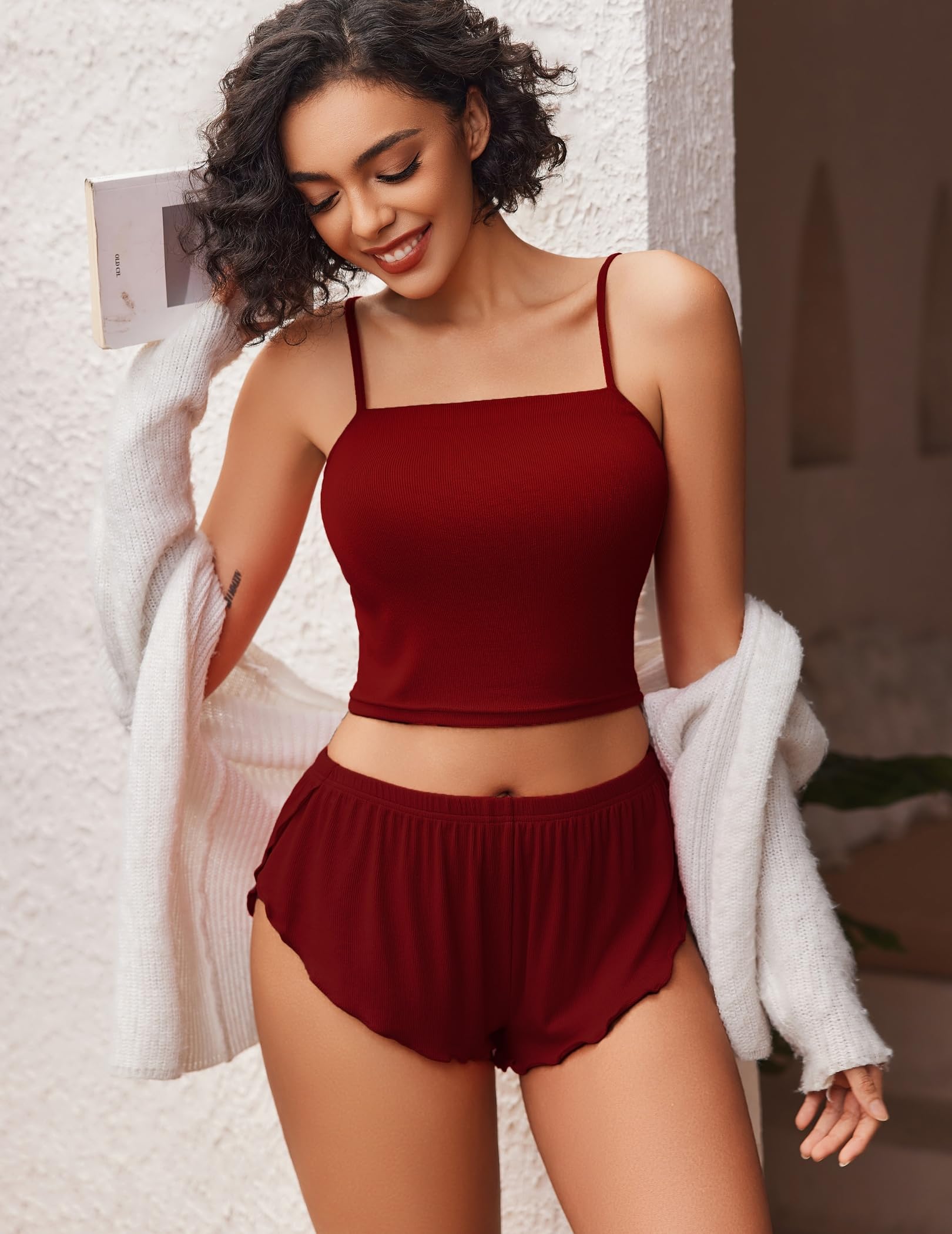 Avidlove Womens Sleepwear Sexy Pajama Set Cute Tank and Shorts PJ Set Lounge Lingerie Sets Wine Red Medium