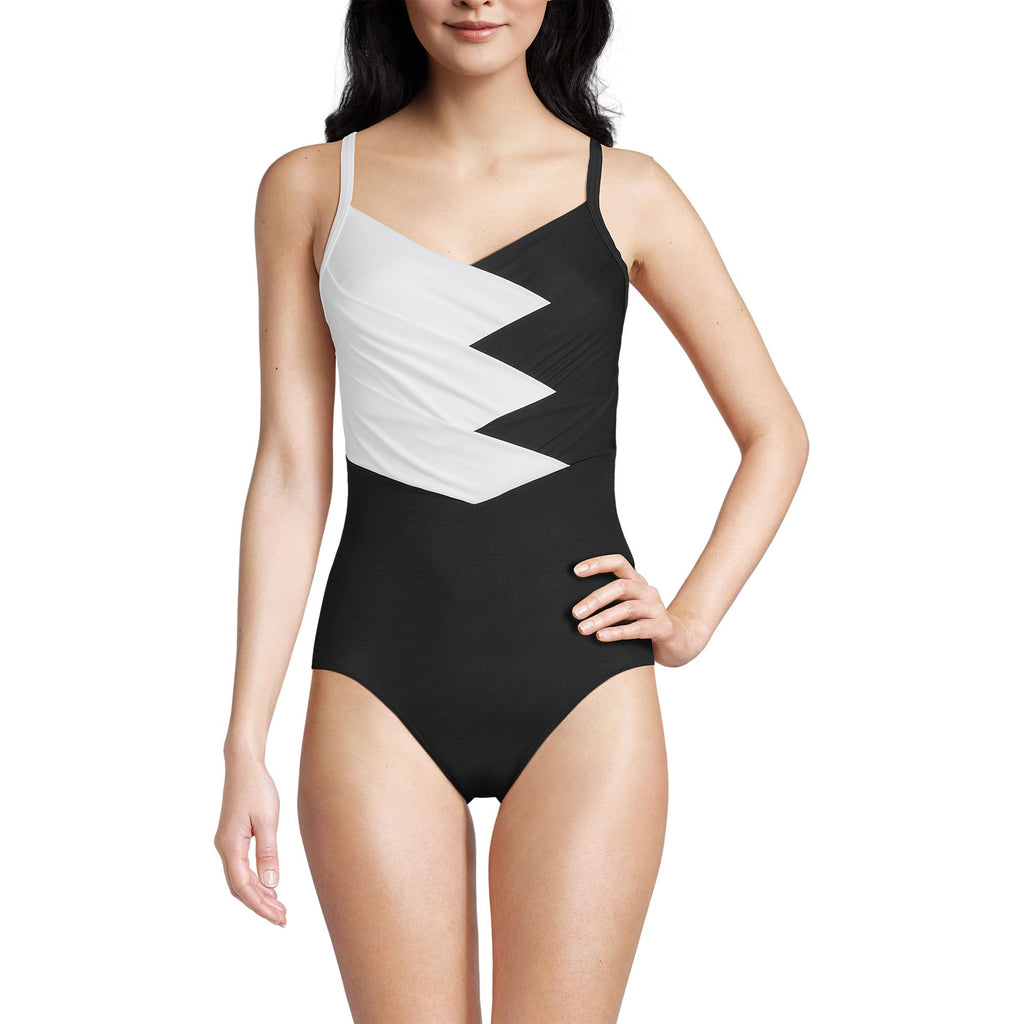 Lands' End Women's New SlenderSuit Pleated Low Leg One Piece Swimsuit 10 Black/White
