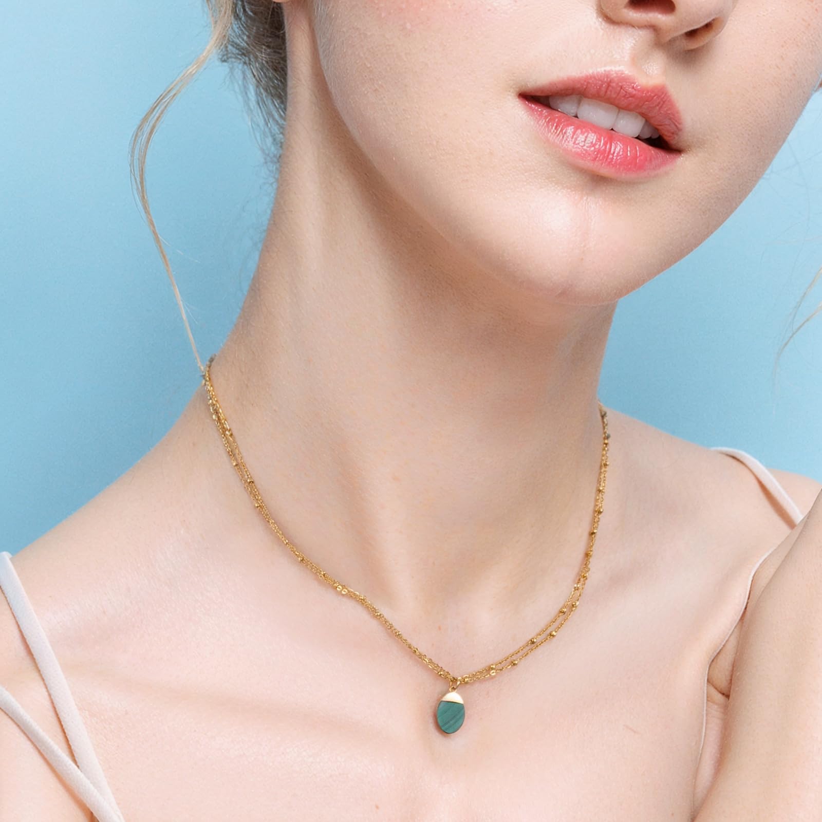 Milan Chiva 14K Gold Plated Green Malachite Layered Stacked Necklace for Women, Dainty Trendy Non Tarnish Oval Pendant Charm Necklaces Fashion Jewelry for Women Waterproof MNS-1009GN