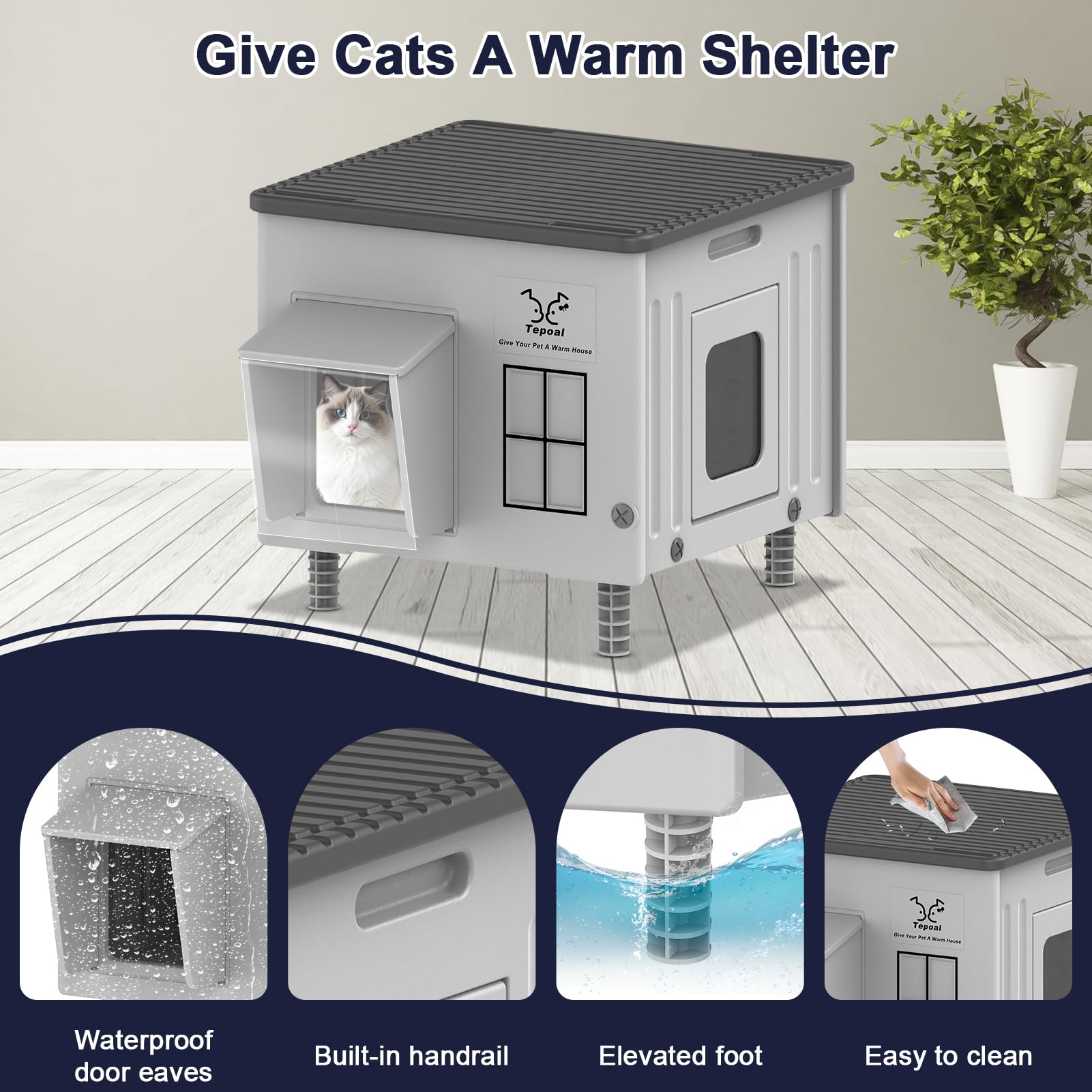 Tepoal 17.7"x17"x17.5" Plastic Heated Cat House for Outside Winter, Weatherproof Outside Cats Shelter with Safety Escape Doors and Heating Pads, Elevated Feral Cat House for Wild and Stray Cats (Grey)