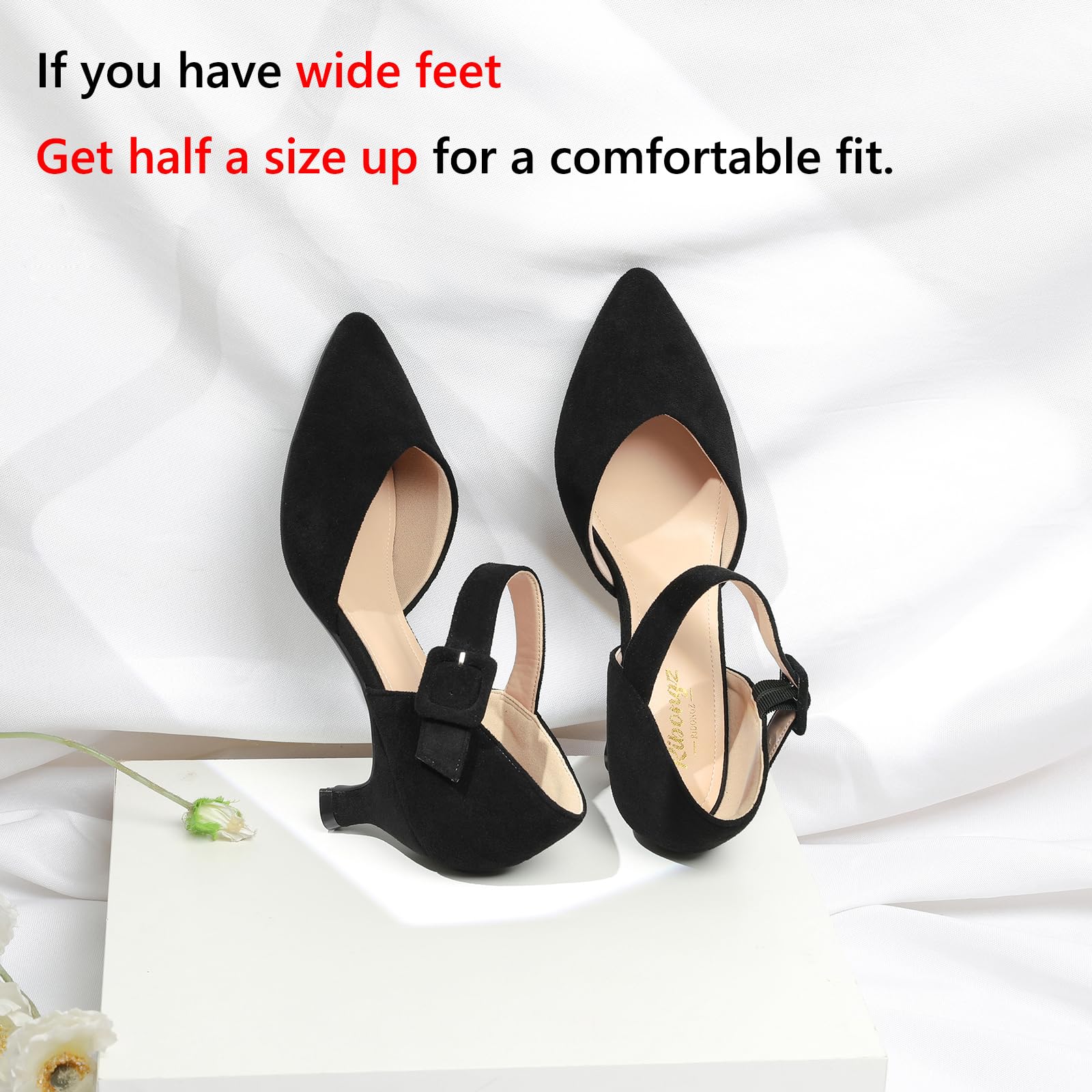 RIBONGZ Black Comfortable Kitten Heels Suede Prom Low Heels for Women Closed Pointed Toe Slip on Ankle Strap Buckle Pumps Church Wedding Bridal Party Dressy Shoes 8