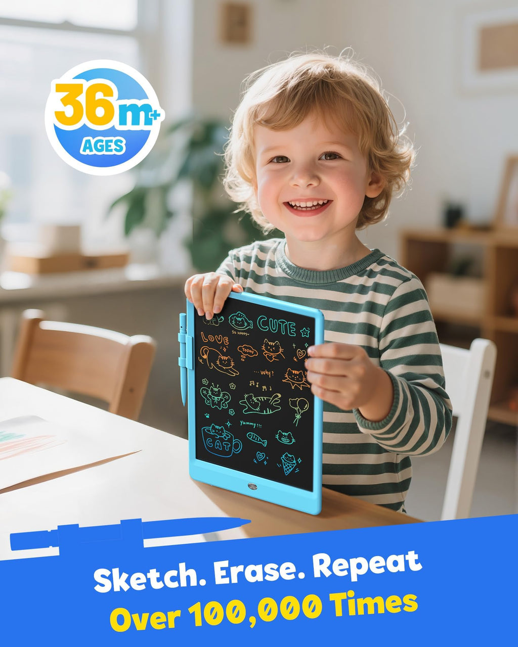 TEKFUN LCD Writing Tablet for Kids, 10-inch Coloring Drawing Pad, Mess Free Doodle Board, Christmas Gifts for Boys and Toddlers, Toys for 3 4 5 6 7 8 Year Old Girls(Blue)
