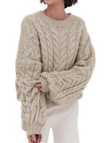 PRETTYGARDEN Womens Sweaters Fall 2026 Cable Knit Long Sleeve Crewneck Oversized Sweater Chunky Pullover Loose Outfits (Khaki, X-Large)