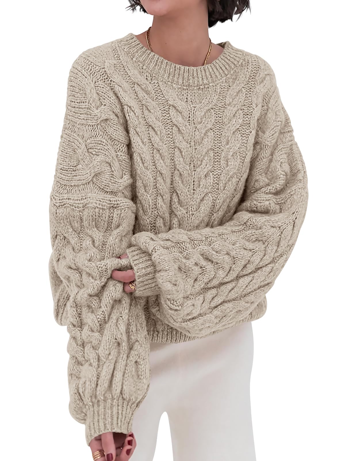 PRETTYGARDEN Womens Sweaters Fall 2026 Cable Knit Long Sleeve Crewneck Oversized Sweater Chunky Pullover Loose Outfits (Khaki, X-Large)