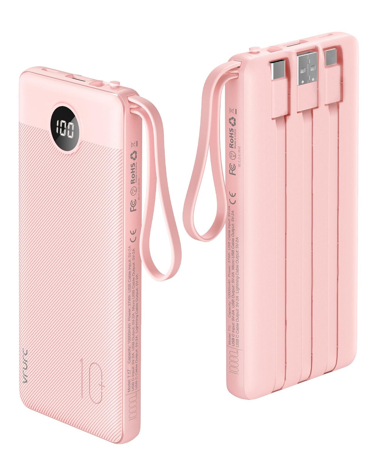 VRURC Portable Charger, 22.5W Fast Charging Power Bank Built‑in 4 Cables, 10000mAh Slim Lightweight Travel Battery Pack for iPhone, Samsung & Multi Devices, Pocket‑Friendly with Lanyard-Pink(1 Pack)