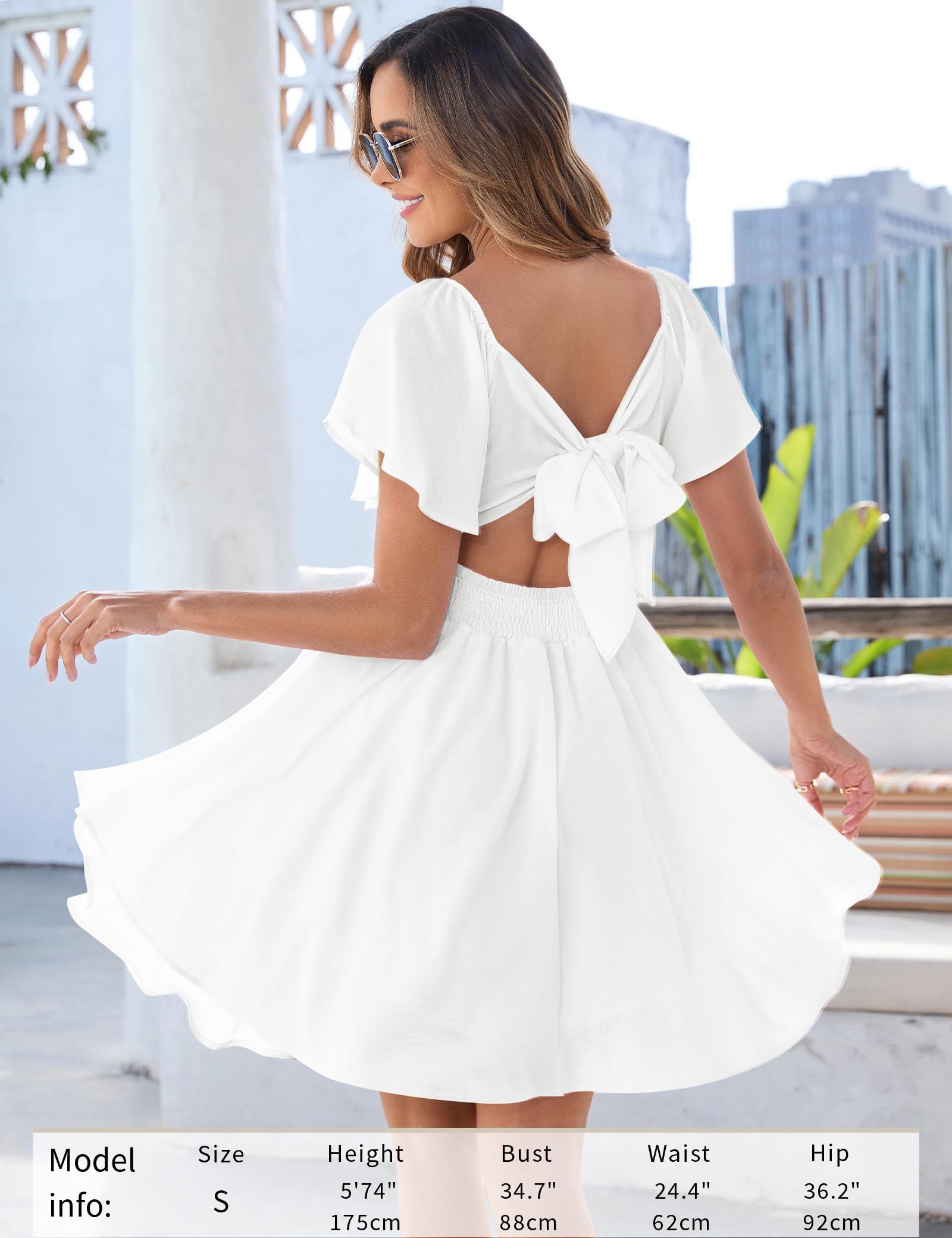 Florboom Women's Summer Sweetheart Knot Front Sexy Dress - Cute Flutter Sleeve Tie Back Mini Dress for Graduation, Wedding Guest, Bridal Shower & Vacation - Double Lined A-Line Sundress (White, S)