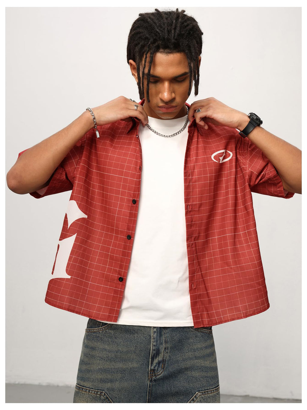 VIPWOLF Men's Gingham Cropped Shirt Oversized Baggy Short Sleeve Collared Button Up Plaid Boxy Streetwear Tees Tshirts Red Large