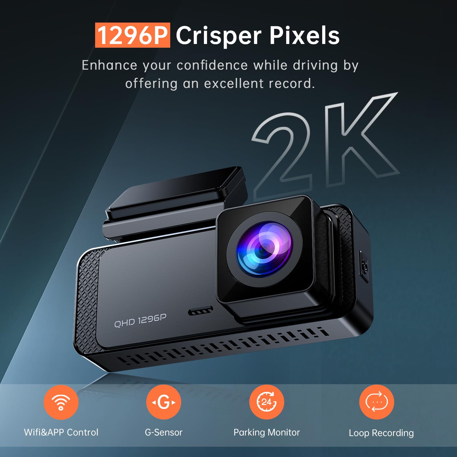 Dash Cam 1296P Front Dashcam, V300 WiFi Dash Camera for Cars with App, Night Vision, Mini Hidden Single Car Camera, Loop Recording, 24H Parking Mode, Support 256GB Max, Black