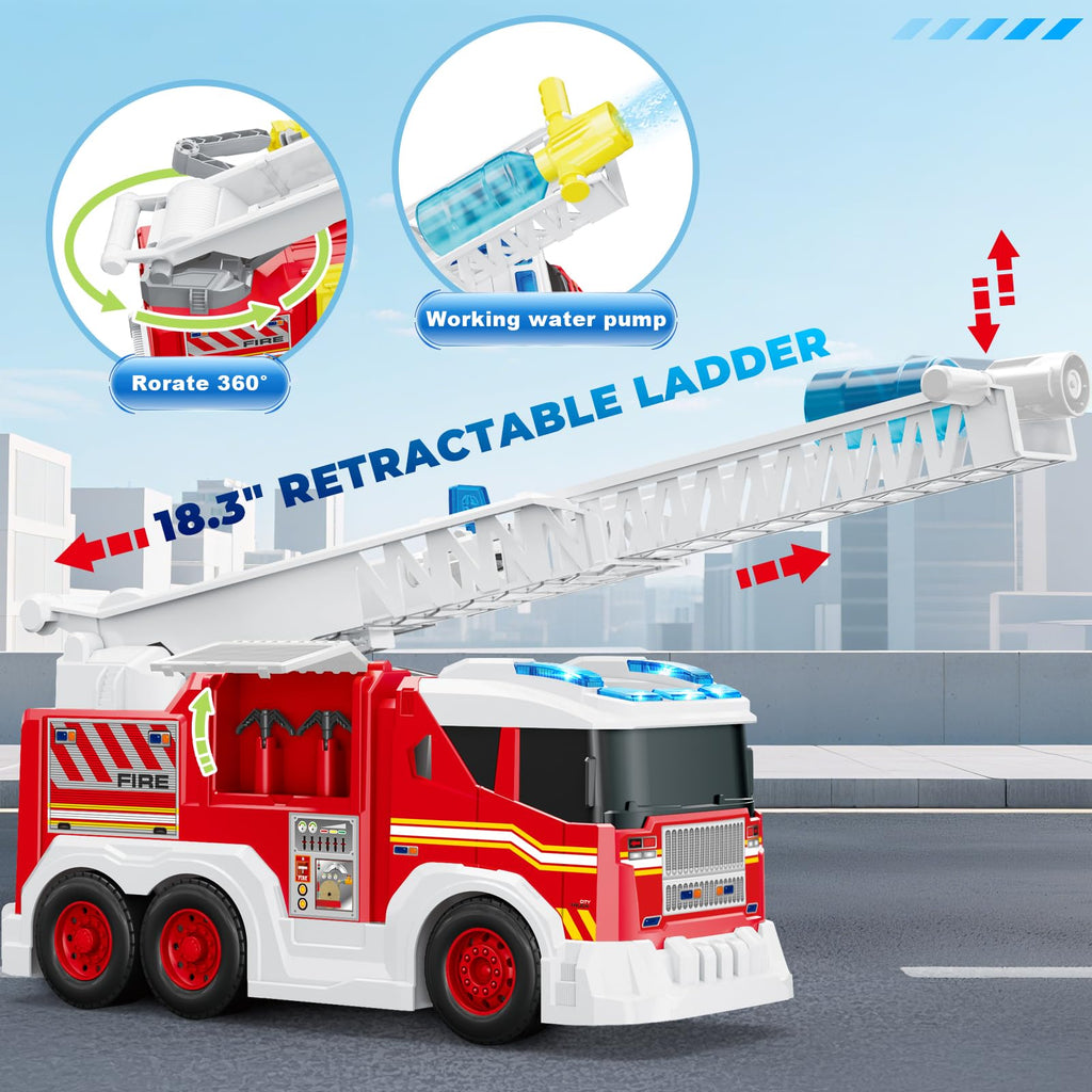 Fire Truck Toy for 3 4 5 6 Year Old Boy Gift, Toddler Toys For 3 4 5 Years Old Boy Christmas Birthday Gift, Indoor Firetruck Toy For Kids 3-6 Year Old Role Playing With Ladder, Sounds And Lights