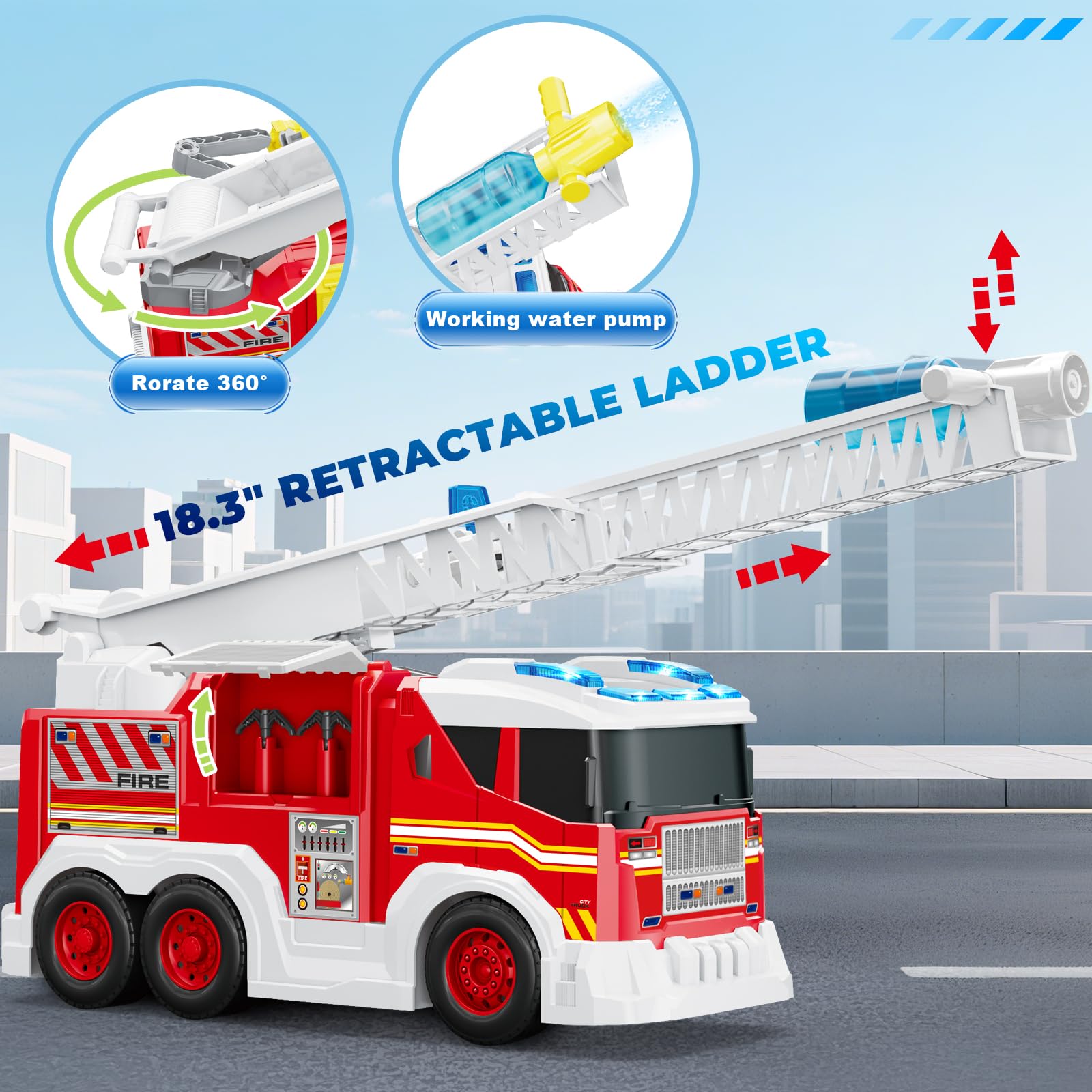 Fire Truck Toy for 3 4 5 6 Year Old Boy Gift, Toddler Toys For 3 4 5 Years Old Boy Christmas Birthday Gift, Indoor Firetruck Toy For Kids 3-6 Year Old Role Playing With Ladder, Sounds And Lights