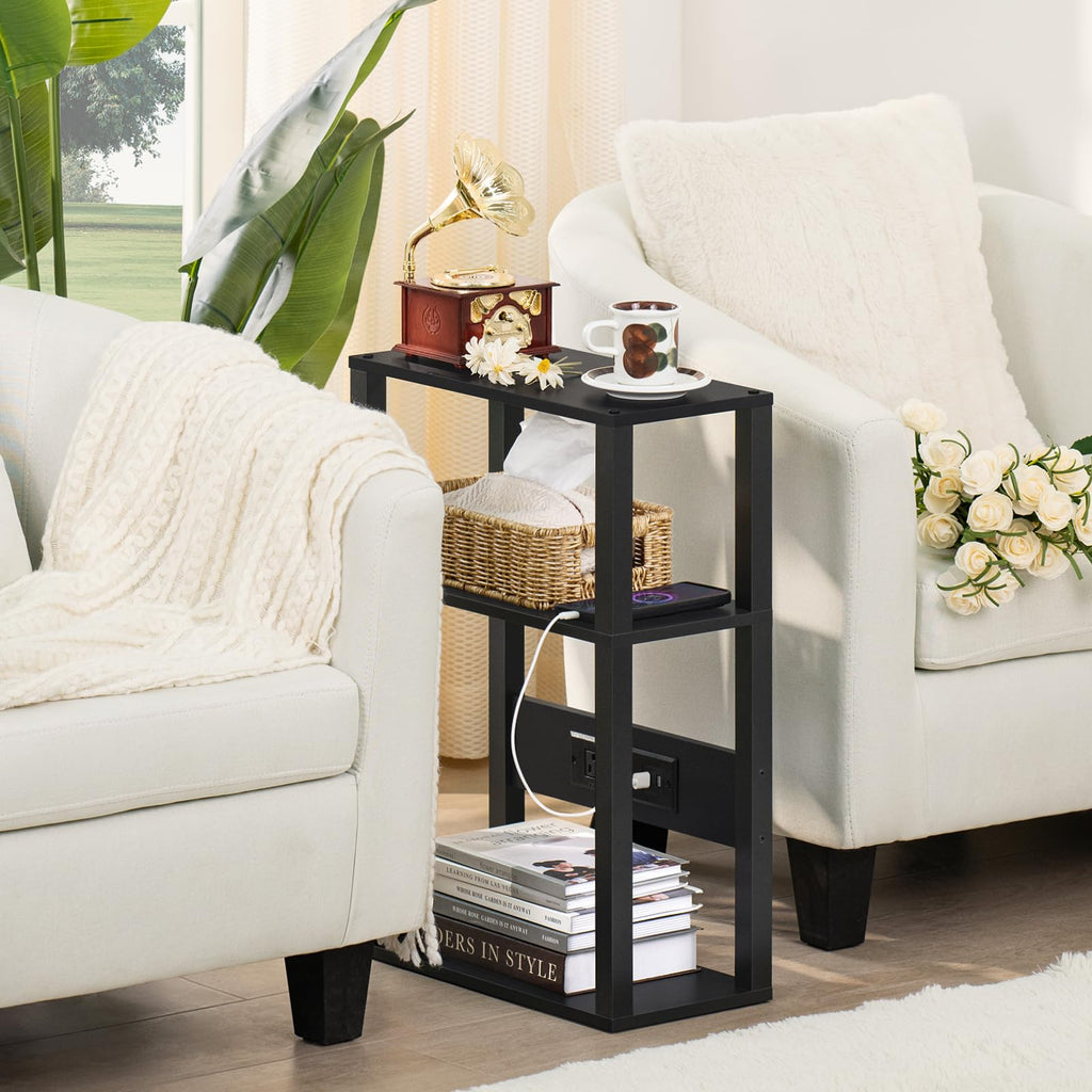 YUFAM 3-Tier Small Narrow Wood Side Table Set of 2 with Charging Station - Skinny Nightstand for Small Spaces, Slim Bedside Table with USB Ports and Outlets - Thin End Table with Storage, Black