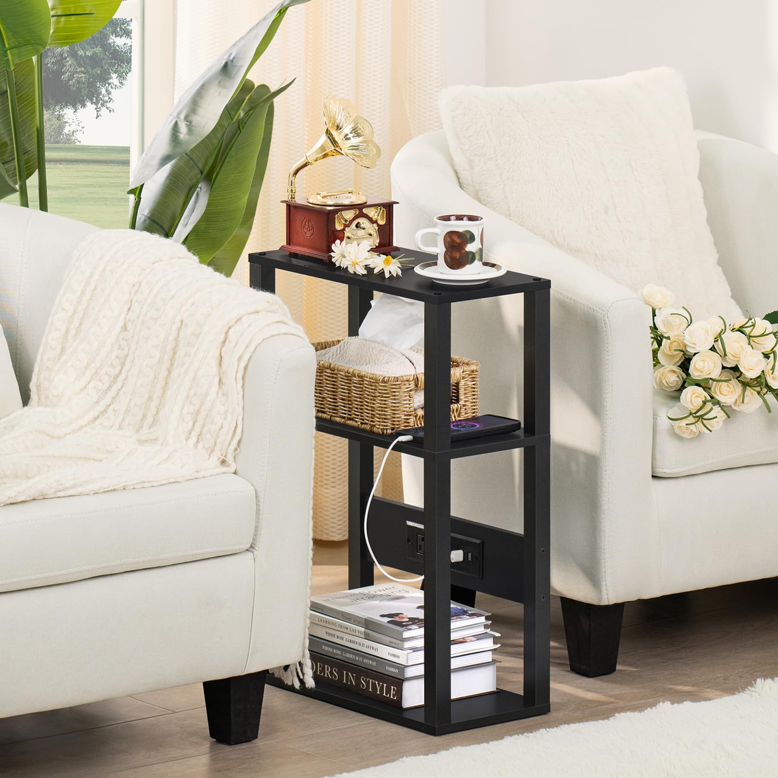 YUFAM 3-Tier Small Narrow Wood Side Table Set of 2 with Charging Station - Skinny Nightstand for Small Spaces, Slim Bedside Table with USB Ports and Outlets - Thin End Table with Storage, Black