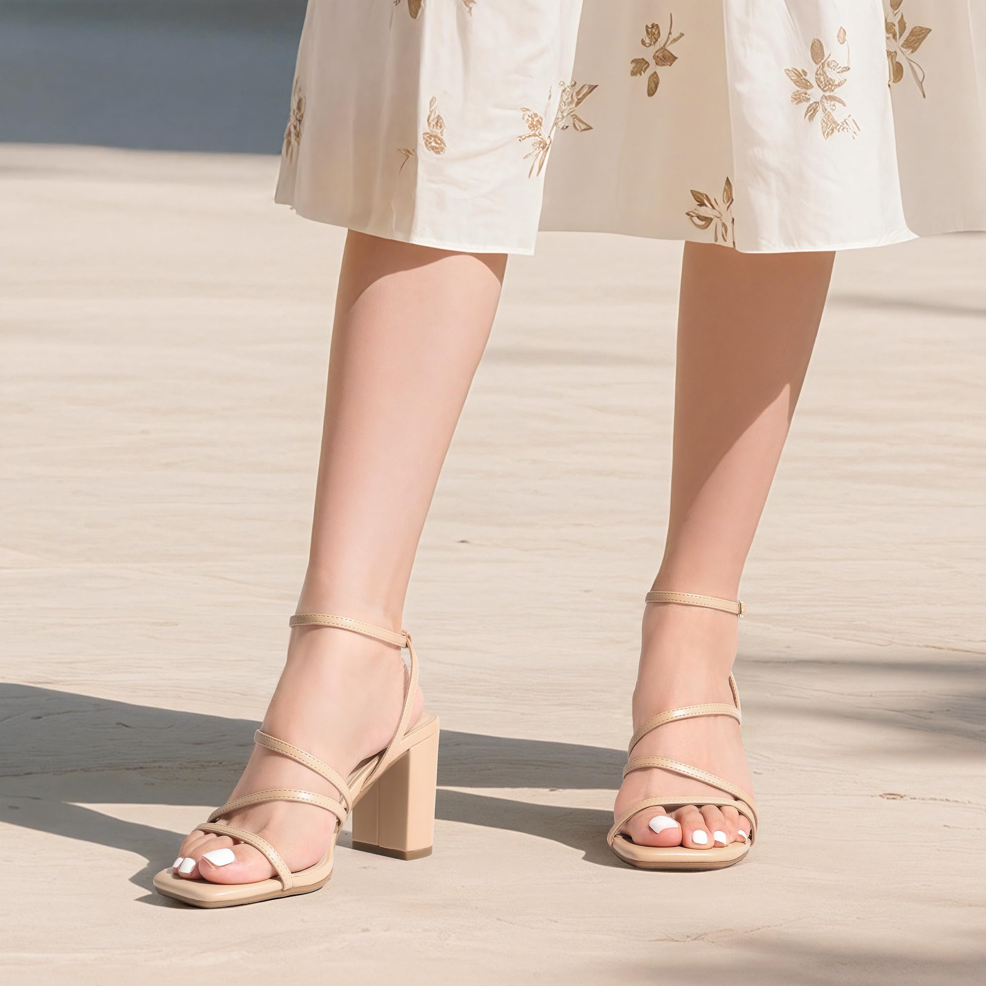DREAM PAIRS Women's Heels Chunky Block Strappy Square Open Toe Ankle Buckle Heeled Sandals Wedding Party Dress Shoes Indie,Size 6,Nude,SDHS2428W