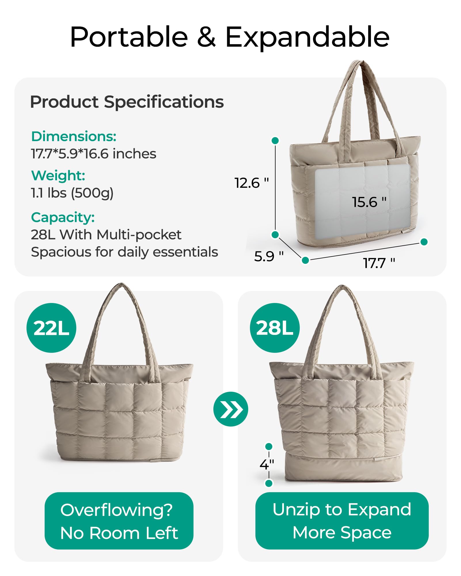 BAGSMART Expandable Tote Bag for Women, Puffer Work Tote Handbag, Quilted Carry On Bag for Travel Gym, Camel, Large