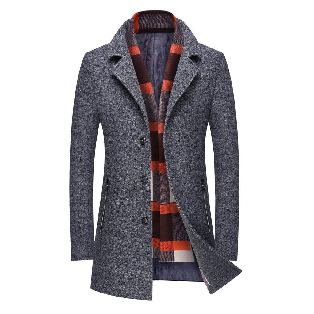 INVACHI Men's Wool Blend Trench Coat Notched Collar Single Breasted Overcoat with Detachable Plaid Scarf