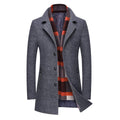 INVACHI Men's Wool Blend Trench Coat Notched Collar Single Breasted Overcoat with Detachable Plaid Scarf