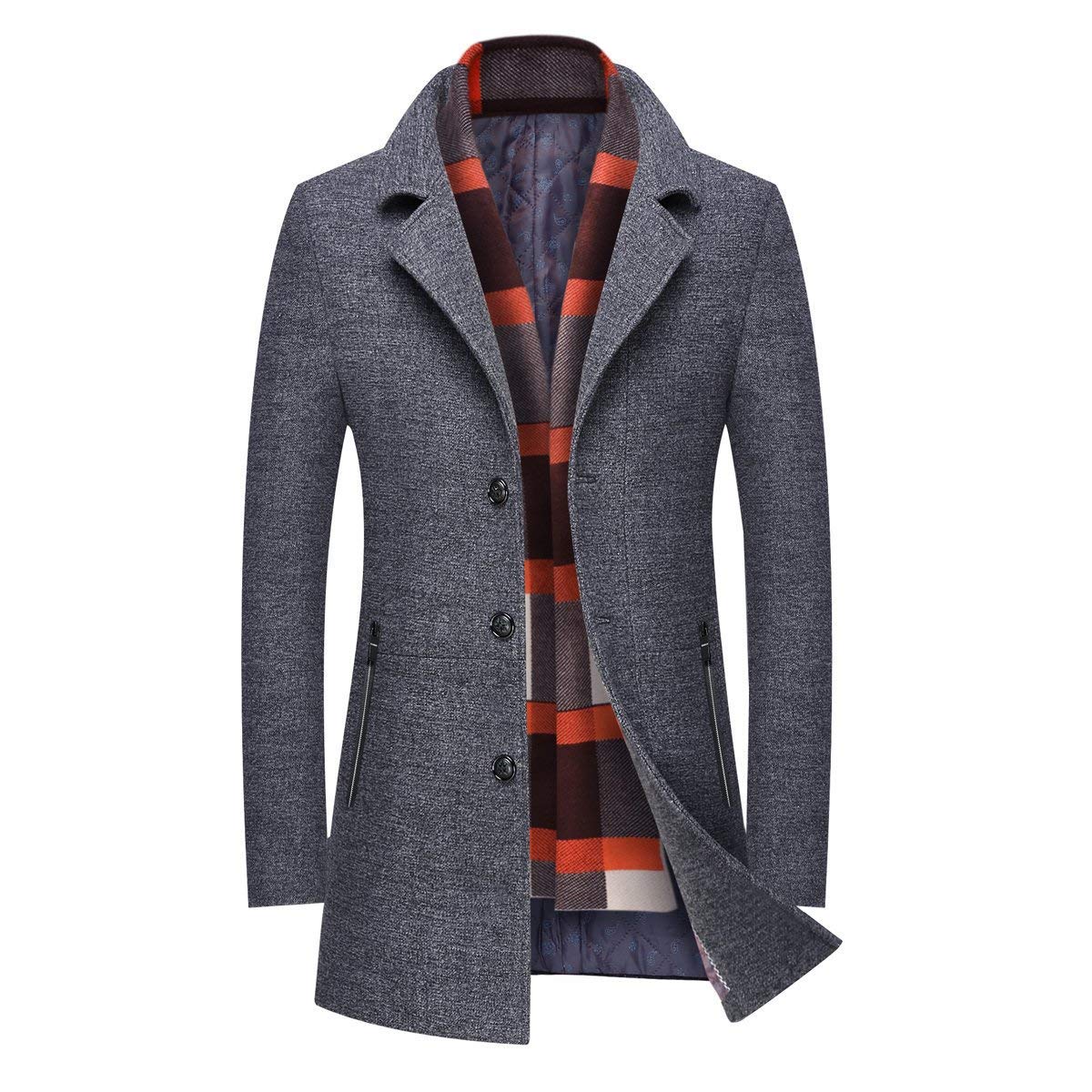 INVACHI Men's Wool Blend Trench Coat Notched Collar Single Breasted Overcoat with Detachable Plaid Scarf