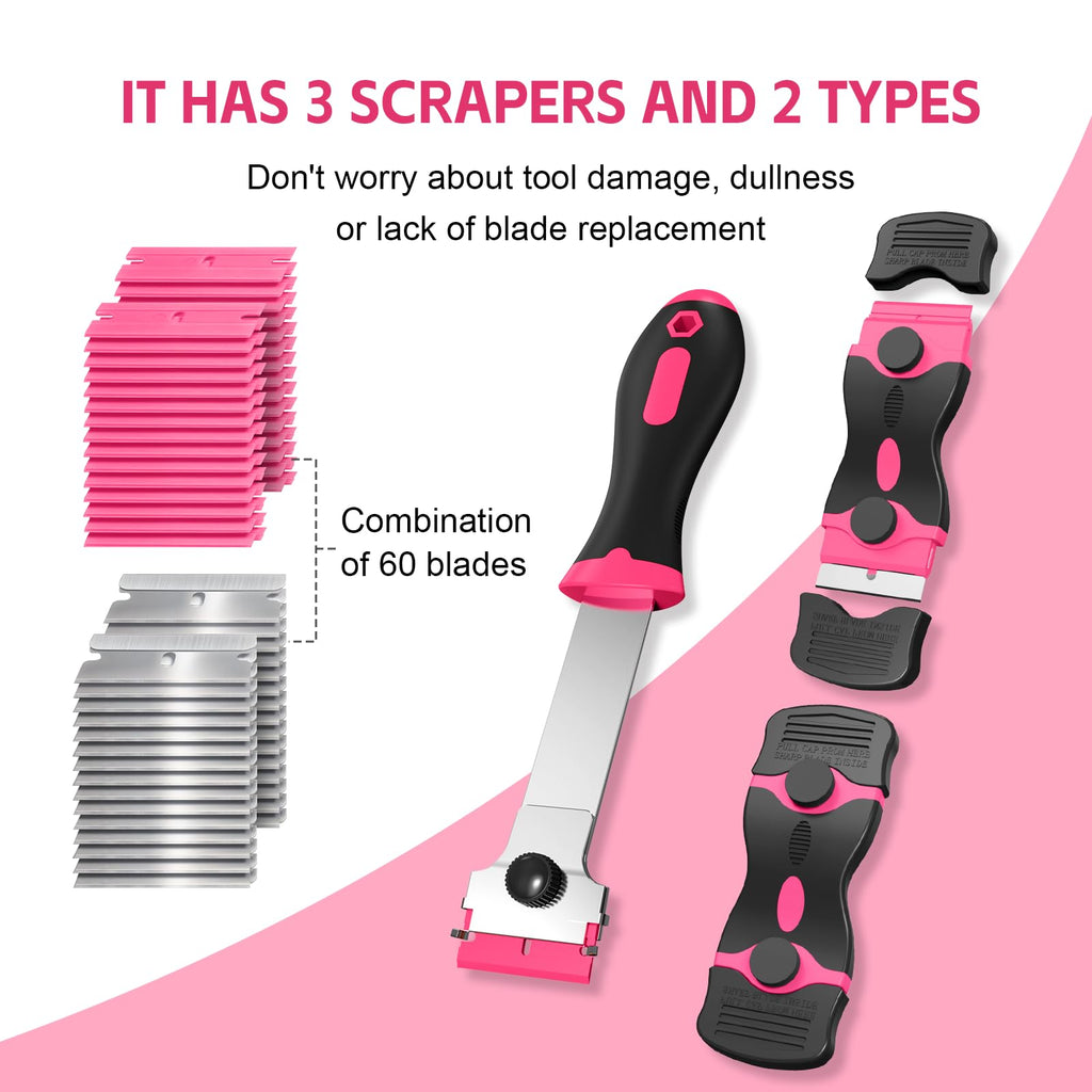 Ywmoml 3 Pack Razor Blade Scraper Set, Includes 30 Plastic & 30 Metal Blades, Multi-Purpose Tool for Glass, Cooktop, Sticker Removal, Paint & Gum Cleaning (Pink)