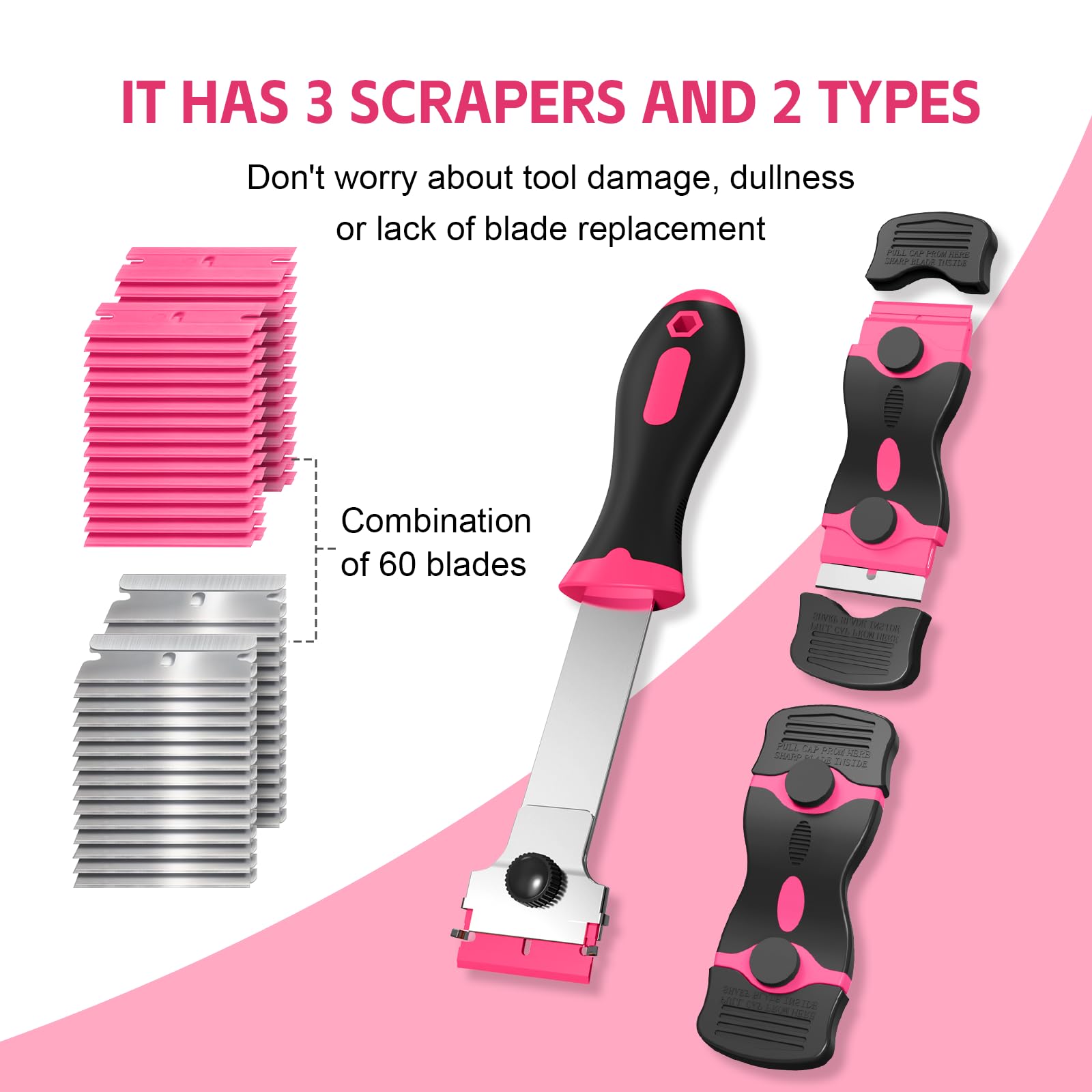 Ywmoml 3 Pack Razor Blade Scraper Set, Includes 30 Plastic & 30 Metal Blades, Multi-Purpose Tool for Glass, Cooktop, Sticker Removal, Paint & Gum Cleaning (Pink)