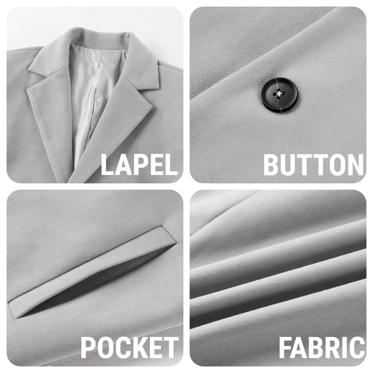 PASLTER Mens Trench Coat Slim Fit Notched Collar Fall Winter Single Breasted Pea Coat Warm Soft Overcoat