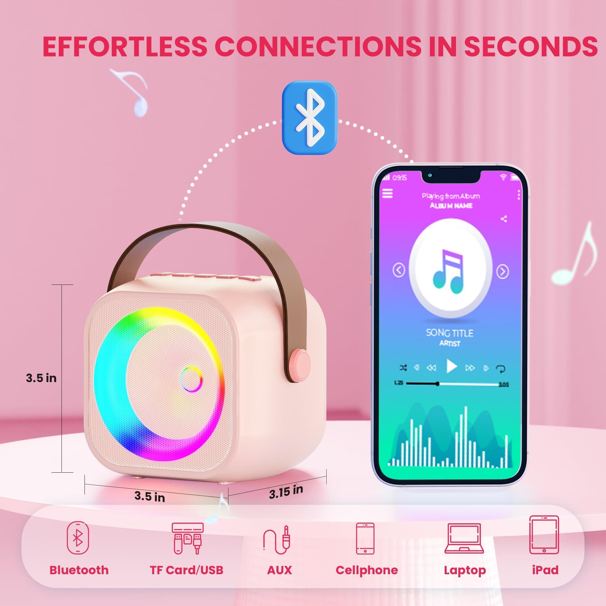 Mini Karaoke Machine for Kids Adults, Portable Bluetooth Speaker with Wireless Microphone, for Girls 4,5,6,7,8,9,10,12 Year Old Karaoke Toys Birthday Gifts Home Party (Pinkcolor 1 Mic)