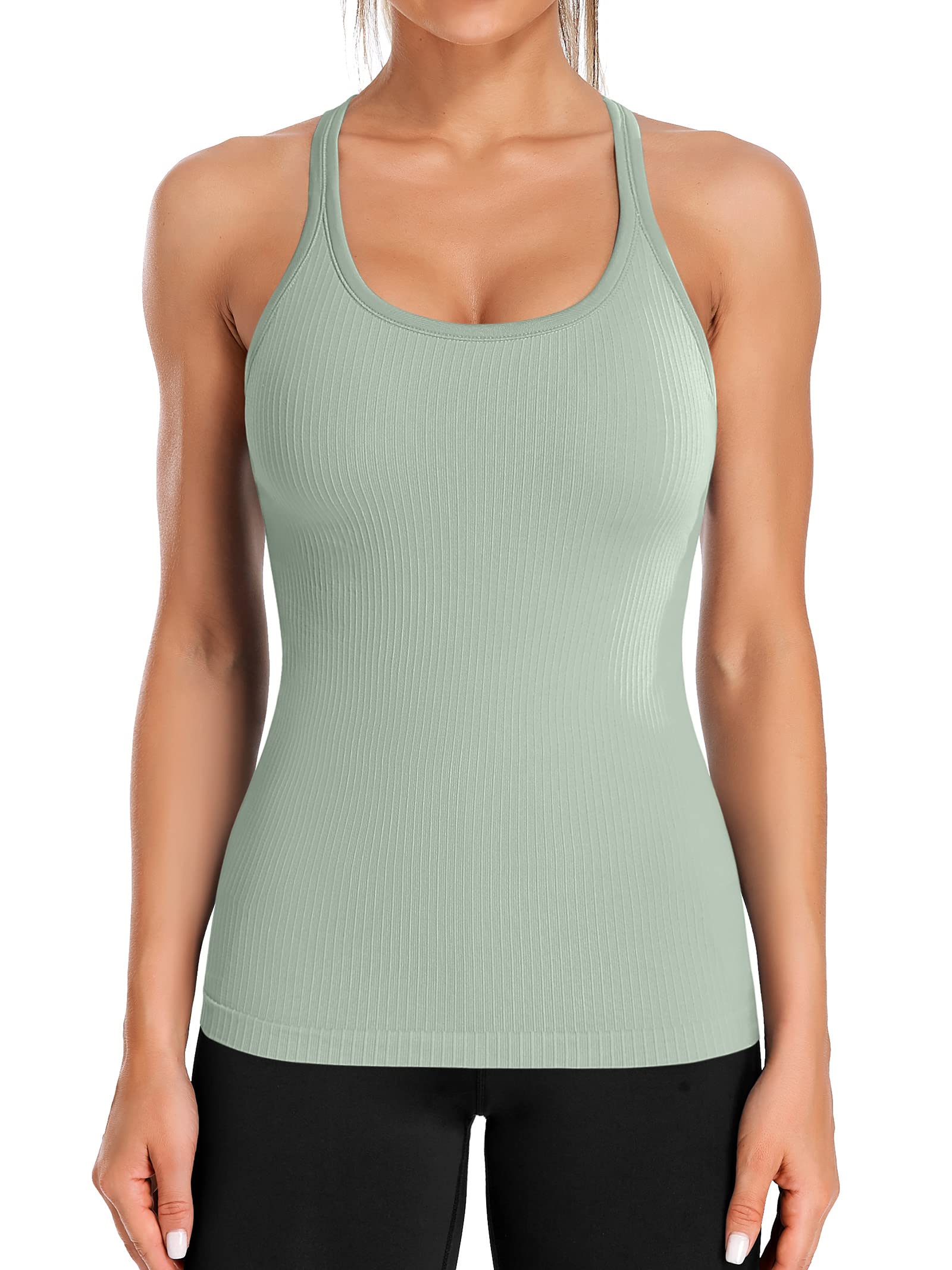 ATTRACO Womens Ribbed Workout Tank Tops Racerback Fitness Running Tops Slim fit Light Green