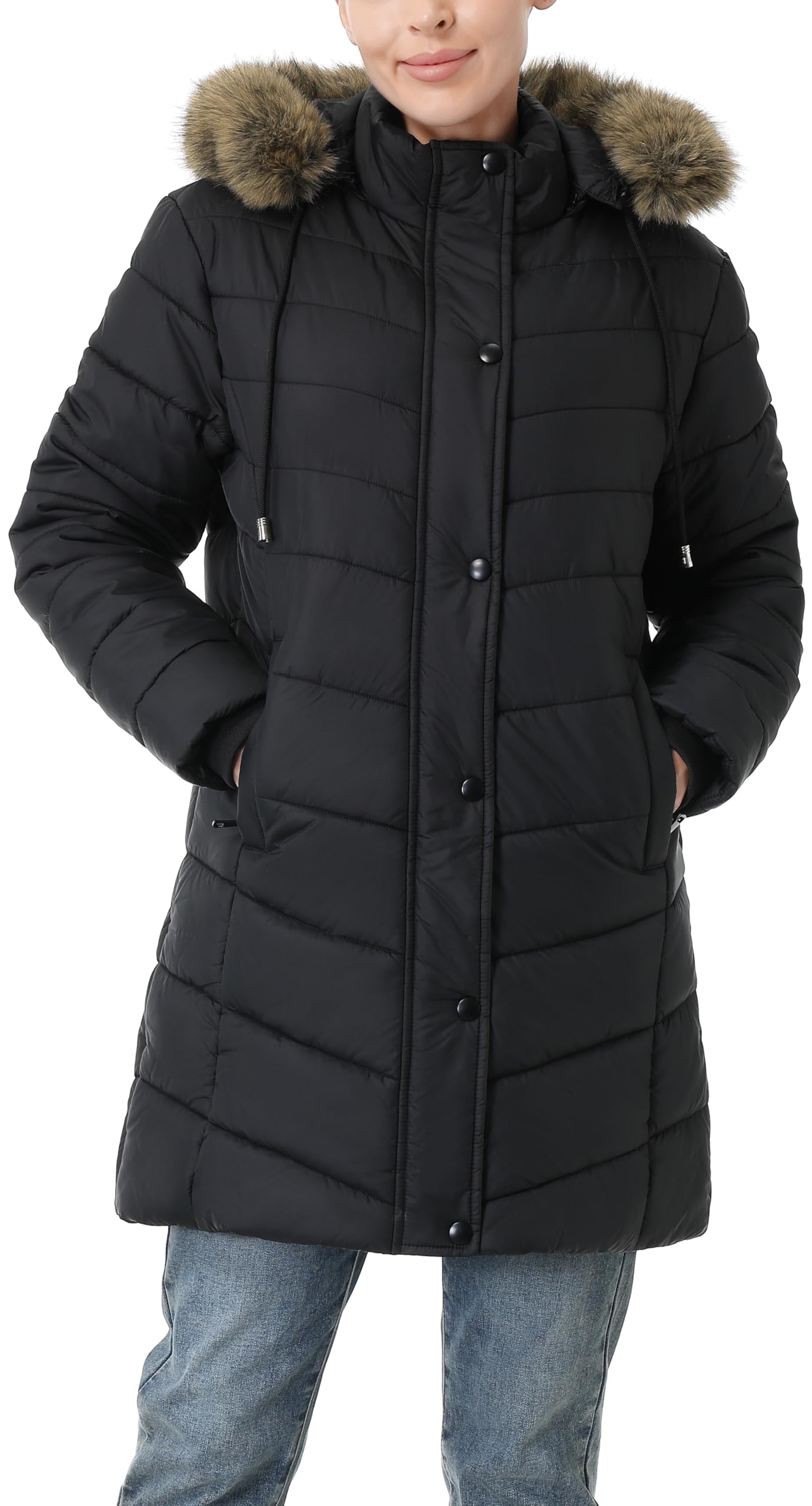 Women's Long Winter Puffer Coat Warm Thicken Fleece Lined Down Jacket Waterproof Detachable Hooded Parka