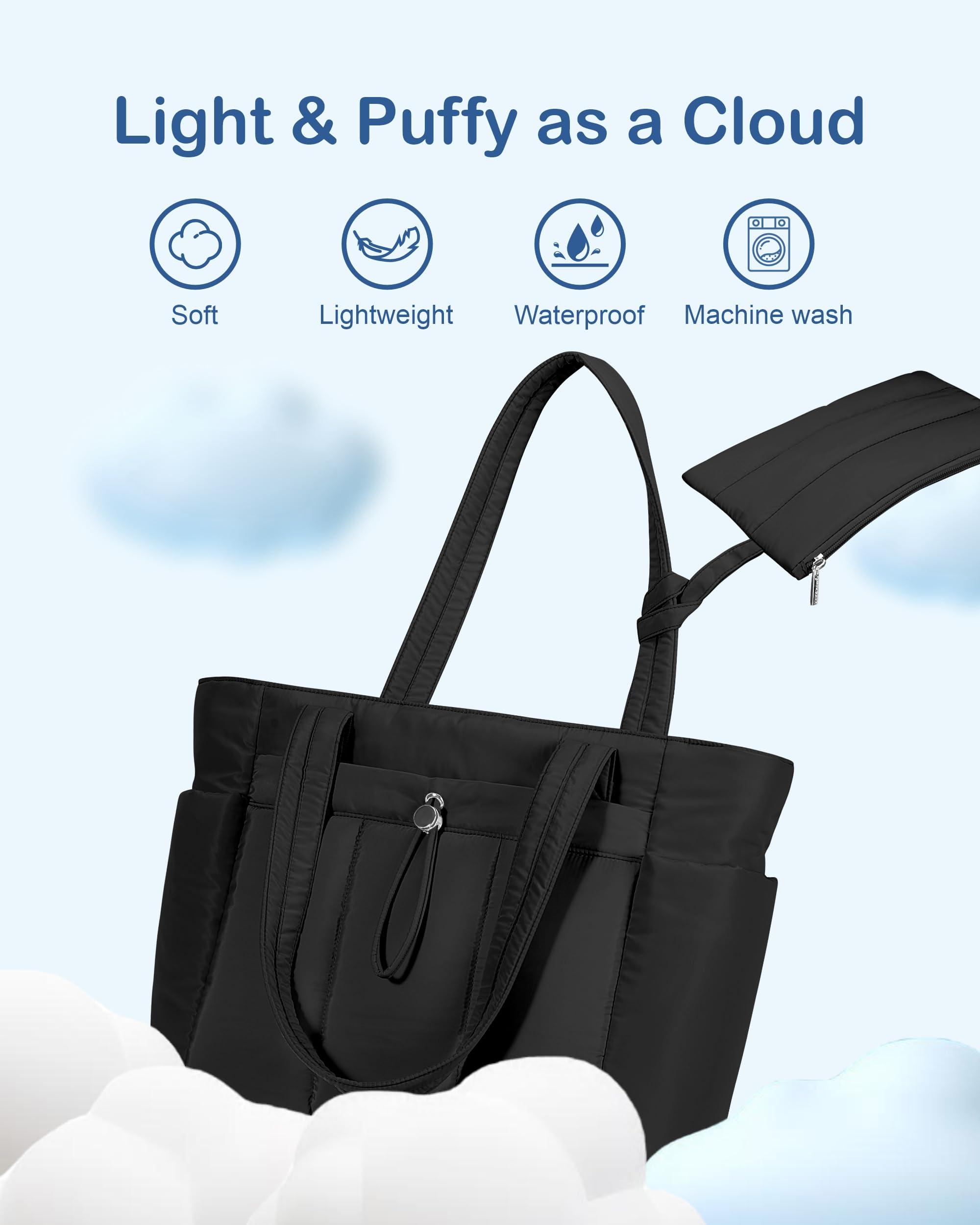 TOPDesign Puffy Tote Bag for Women with Cup Holder & Laptop Compartment & Cosmetic Bag & Trolley Sleeve for Work, Travel (M Black)